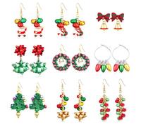 Moiegouct Set di 9 paia di orecchini natalizi da donna, con fiocco natalizio e campanellino, graziosi gioielli per le vacanze, taglia unica, zinco, senza gemme, taglia unica, zinco, senza pietre