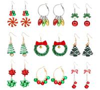 Moiegouct Set di 9 paia di orecchini natalizi per donne e ragazze, orecchini a cerchio pendenti natalizi, idea regalo per le vacanze, taglia unica, zinco, senza gemme, taglia unica, zinco, senza