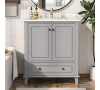 Moimhear 76x46x87cm Mobile bagno, lavabo, gambe in legno massello, completamente laccato, resistente all'umidità e all'acqua, lavabo in ceramica integrato (Grigio)