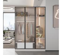 Moimhear Ampio armadio bianco con 3 ante in vetro, 1 cassetto e 1 ripiano - 110 x 50 x 160 cm - con illuminazione ambientale