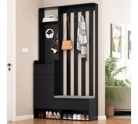 Moimhear Appendiabiti da corridoio con panca imbottita portaoggetti, scarpiera multifunzionale da corridoio con pannello perforato, guardaroba moderno con 4 ganci (nero, 100 x 35 x 180 cm)