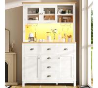 Moimhear Armadietto da cucina, armadio a buffet, 104 x 40 x 180 cm, stile rustico, 4 ante, con portabevande (colore bianco + legno)