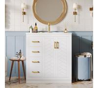 Moimhear Armadietto per lavabo, 76,5 × 46,5 × 84,5 cm, con 3 cassetti e ripiano laterale, cerniere a chiusura morbida e bacino in ceramica (1, bianco)