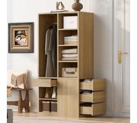 Moimhear Armadio 70 x 50 x 170 cm, colore legno, con più cassetti | Con ripiani a più livelli, ampio spazio di archiviazione, grande asta appendiabiti, armadio per una persona