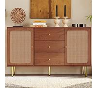 Moimhear Cassettiera con 2 ante e 3 cassetti, in rattan, con cassetto, ripiano regolabile, per soggiorno, camera da letto, noce H90/B150/T40 cm