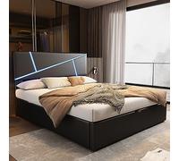 Moimhear Comodo letto imbottito con strisce a LED, 140 x 200 cm, letto matrimoniale con rete a doghe, schienale, letto funzionale idraulico, pelle sintetica, colore nero