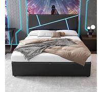 Moimhear Comodo letto imbottito con strisce a LED, 90 x 200 cm, letto matrimoniale con rete a doghe, schienale, letto funzionale idraulico, pelle sintetica, colore nero