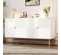 Moimhear Credenza con texture rialzata, 160 x 40 x 82 cm, armadio con quattro ante, maniglie dorate spazzolate e gambe lucide (bianco + oro)