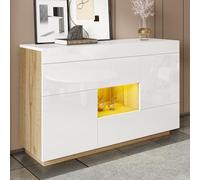 Moimhear Credenza lucida, 120 x 37 x 76,5 cm, colore bianco+legno, con illuminazione LED che cambia colore, con cassetti