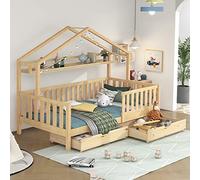 Moimhear Culla in colore legno, lettino casa con cassetti, legno massello con struttura a doghe, letto casa in pino, camera bambini e gioventù, 90x200