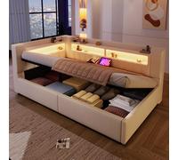 Moimhear Daybett, con supporto idraulico, con funzione di ricarica USB Tipo-C, divano letto, letto singolo, senza materasso, lino, stile minimalista (Beige, 90x200cm)