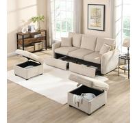 Moimhear Divano angolare a forma di U a 3 posti, con funzione di stoccaggio, con cassetti+sgabello con vano portaoggetti, set di divani modulare, rivestimento in ciniglia (beige)