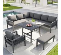 Moimhear Divano da giardino a forma di L intrecciato a mano, struttura in ferro con tappezzeria, include 1 tavolo con piano in vetro marmo e 2 poltrone, resistente alle intemperie (grigio)