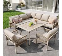 Moimhear Divano da giardino a forma di L per 8 persone con struttura in ferro, tavolo e 2 poltrone, resistente alle intemperie