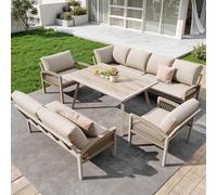 Moimhear Divano da giardino a forma di L, struttura in ferro con cuscino beige, include 1 tavolo con piano in vetro effetto legno e 2 poltrone intrecciate a mano, resistente alle intemperie, beige