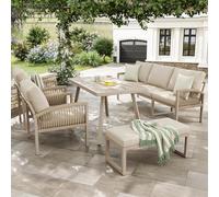 Moimhear Divano da giardino intrecciato a mano per 7 persone, con braccioli, con imbottitura beige, completo di tavolo (vetro effetto legno) e 2 poltrone, resistente alle intemperie