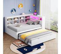 Moimhear Divano in legno massello con letto estraibile, dotato di prese USB e luci a LED, con ripiani e ripiani, molto spazio di archiviazione, bianco