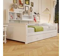 Moimhear Divano letto, 90 x 200 cm, cassetti e mensole, rete a doghe, lettino per bambini, letto singolo, letto in legno massiccio (bianco)