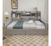 Moimhear Divano letto, 90 x 200 cm, cassetti e scaffali, rete a doghe, lettino per bambini, letto singolo, letto in legno massiccio (grigio)