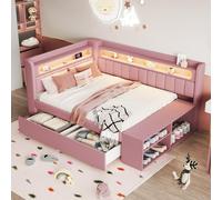 Moimhear Divano letto imbottito con porta USB e striscia luminosa a LED, con scarpiera e due cassetti, 90 x 200 cm (rosa)