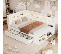 Moimhear Divano letto imbottito con porta USB e striscia luminosa a LED, con scarpiera e due cassetti, 90 x 200 cm (bianco)