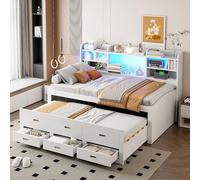 Moimhear Divano letto, letto giornaliero, con telecomando a LED, 3 cassetti, comodino, letto estraibile multifunzione con USB+Type-c, bianco (90 x 200 cm+90 x 190 cm)