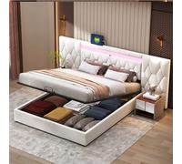 Moimhear Elegante letto imbottito 180x200 con ampio schienale, letto in velluto con led e presa USB, sistema di stoccaggio idraulico (Beige)