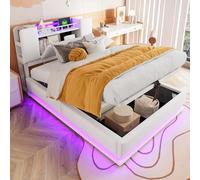 Moimhear Elegante letto imbottito con illuminazione a LED, vano portaoggetti USB e idraulico, rivestimento in velluto morbido e struttura in metallo (beige, 90 x 200 cm)