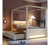 Moimhear Grande letto a baldacchino imbottito con letto estraibile e tre cassetti, illuminazione a LED, 140 x 200 cm (beige)