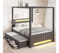 Moimhear Grande letto a baldacchino imbottito con letto estraibile e tre cassetti, illuminazione a LED, 140 x 200 cm (grigio)