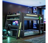 Moimhear Grande letto a castello da gioco in legno con scrivania, due ripiani, porta USB e illuminazione a LED, senza materasso, nero+verde, 140 x 200 cm