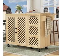Moimhear Isola da cucina, armadio, carrello da cucina estraibile con ruote, con porta asciugamani, due ante, tre cassetti, motivo a scacchiera, venature del legno (legno, 120 x 45 (-75) x 92 cm)