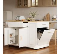 Moimhear Isola mobile da cucina, armadio da cucina, 120 x 50 x 92 cm, carrello da portata, carrello da cucina con ruote, con scomparto per rifiuti, due ante e tre cassetti (bianco e legno)