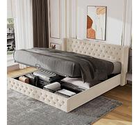 Moimhear Letti, letto imbottito, letto matrimoniale, forma ad orecchio doppia fila di rivetti in flanella, cuciture a bottone testa e piedi del letto, letto funzionale idraulico (180 x 200 cm (Beige))
