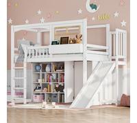 Moimhear Lettino a castello, con griglia di protezione anticaduta, con scivolo per bambini e armadio, in pino+MDF + compensato, bianco, 90 x 200 cm