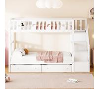 Moimhear Lettino a castello con scala di sicurezza, con rete a doghe, bianco, senza materasso (con due grandi cassetti, 90 x 200 cm)