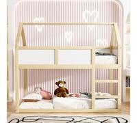 Moimhear Lettino a castello, lettino in legno, 90 x 200 cm, letto singolo a castello basso con scale, telaio in legno massiccio (colore legno+bianco)