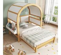 Moimhear Lettino a cupola espandibile, letto per bambini, con ripiano laterale piccolo, pino+MDF, bianco+naturale, 140 x 200 cm