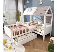 Moimhear Lettino a forma di casa in legno, 90 x 200 cm, singolo, multifunzionale, con tessuto e cuscino, cassetti inferiori, senza materasso, bianco