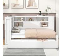 Moimhear Lettino a piattaforma, 90 x 200 cm, 90 x 190 cm, con rete a doghe, letto a piattaforma con letto estraibile, letto in legno con vano portaoggetti con USB (bianco)
