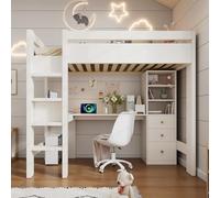 Moimhear Lettino a soppalco, 90 x 200 cm, bianco, con scrivania a forma di L, ripiani e cassetti con area di carico USB/Type-C con scala e doghe in legno