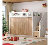 Moimhear Lettino a soppalco, 90 x 200 cm, con armadio e armadio, striscia luminosa colorata, senza materasso (colore bianco e rovere)