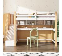 Moimhear Lettino a soppalco, 90 x 200 cm, con grande scrivania e mensole, colori ecologici (colore bianco + legno)
