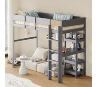 Moimhear Lettino a soppalco con ripiano 90 x 200 cm, struttura letto in legno di pino massello con rete a doghe, letto per bambini e ragazzi (grigio)