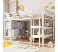 Moimhear Lettino a soppalco in metallo con vano portaoggetti con ampia scala, angoli arrotondati, cassetti e mensole per organizzare spazio nella cameretta dei bambini, 90 x 200 cm (bianco)