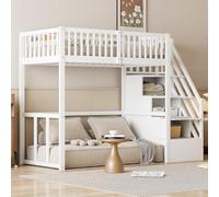 Moimhear Lettino a soppalco, letto in legno, con grande scaffale e tavolo, spazio per scale, multiuso in legno (bianco, 90 x 200 cm)