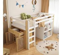 Moimhear Lettino a soppalco per bambini, 90 x 200 cm, multifunzione, letto singolo, con 2 armadietti e scala, naturale+bianco