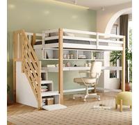 Moimhear Lettino a soppalco per bambini con scala di stoccaggio 90 x 200 cm, in legno di pino, letto a castello, culla con grande scrivania e scaffali, colori ecologici, naturale e bianco