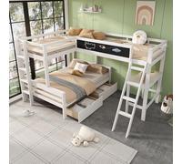 Moimhear Lettino a soppalco per bambini con tre bambini, in legno di pino, letto a castello, culla con scrivania e scaffale, 140 x 200 cm, 90 x 200 cm, bianco