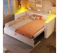 Moimhear Lettino diurno, divano letto, 90 x 200 cm (180 x 200 cm), con striscia luminosa a LED, con rete a doghe (senza materasso), in velluto, design multifunzionale letto estraibile (beige)